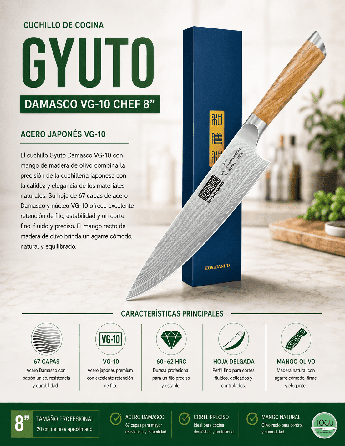 Cuchillo de cocina tipo Gyuto Damasco VG-10 Chef 8” mango olivo - Imagen 5