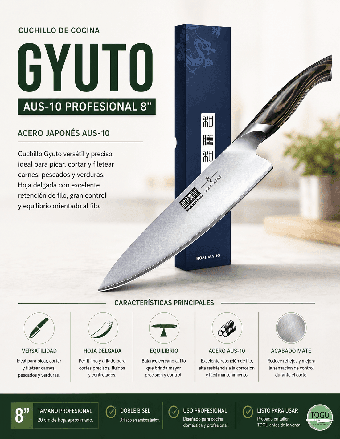 Cuchillo de cocina tipo Gyuto AUS-10 Profesional 8” - Imagen 4