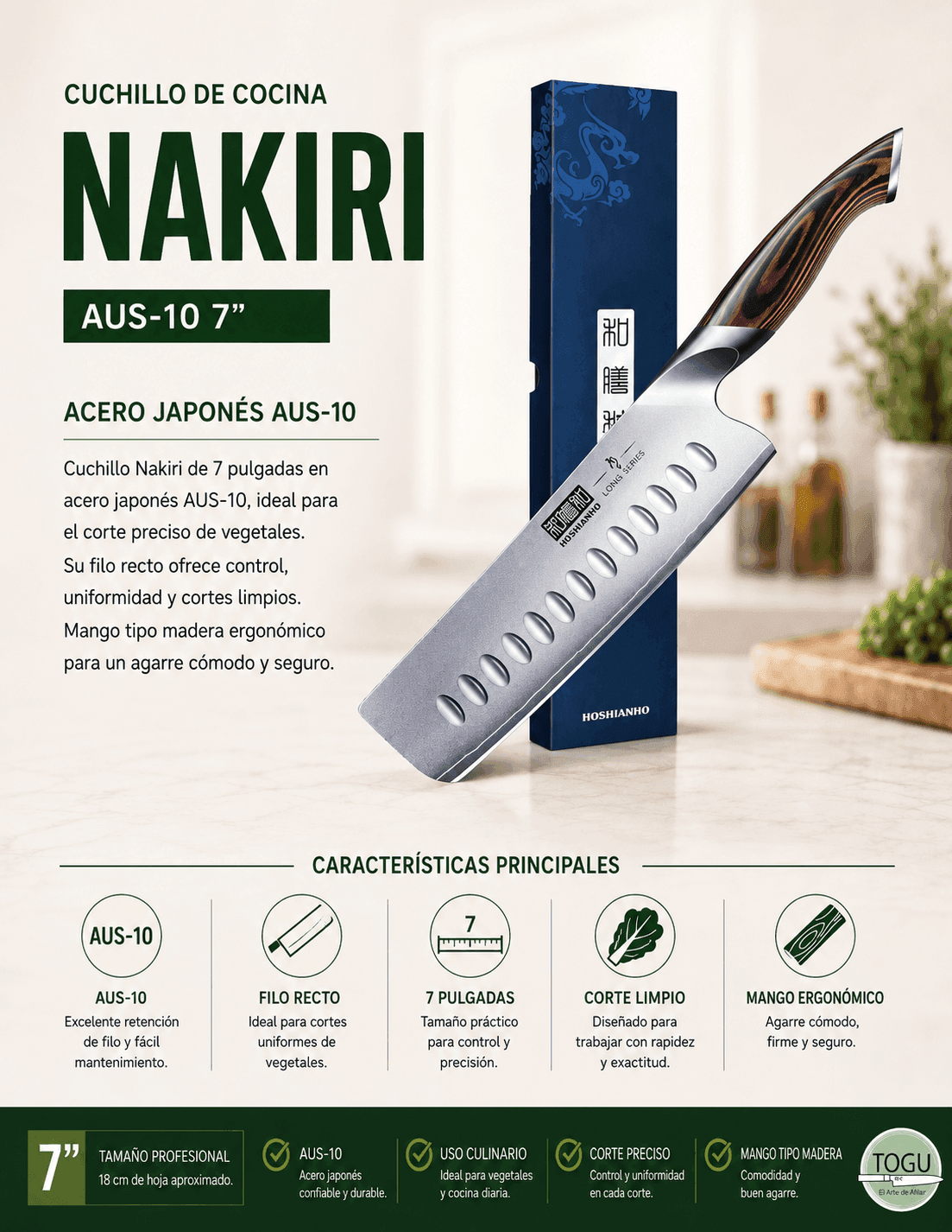 Cuchillo Nakiri para uso culinario | Acero Japonés AUS-10 7” - Imagen 4