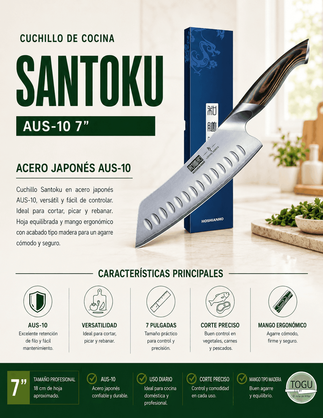 Cuchillo Santoku para uso culinario | Acero Japonés AUS-10 7” - Imagen 4