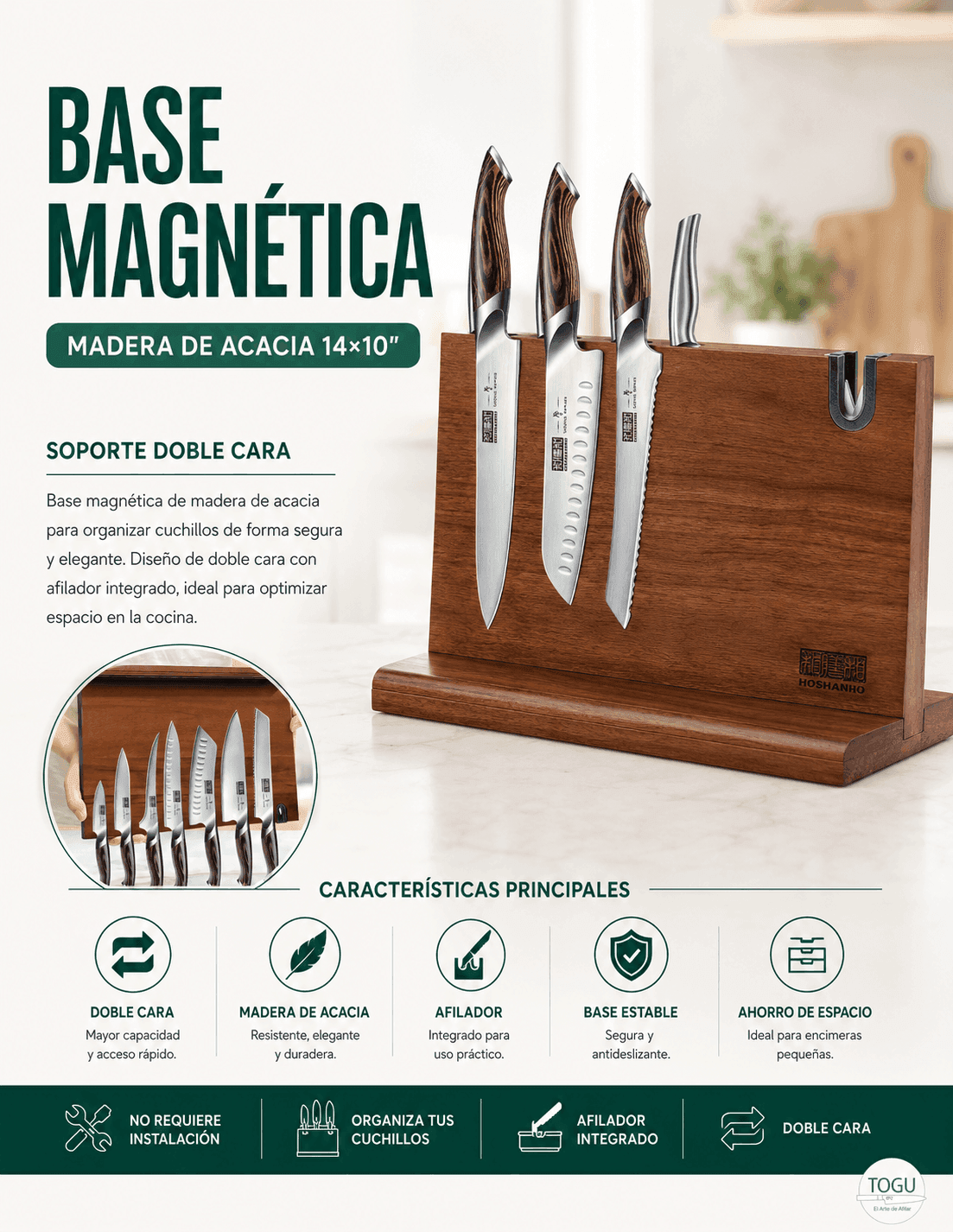 Base Magnética para Cuchillos de Madera de Acacia 14x10” | Soporte Doble Cara con Afilador | Ideal para Cocinas con poco espacio - Imagen 7