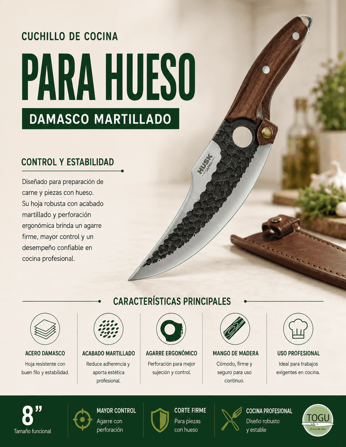 Cuchillo de uso culinario para Hueso | Damasco Martillado con Agarre Profesional | Ideal para chef exigentes - Imagen 4