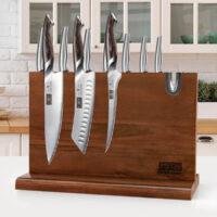 Base Magnética para Cuchillos de Madera de Acacia 14x10” | Soporte Doble Cara con Afilador