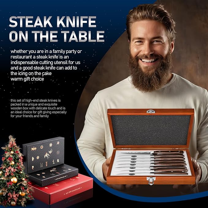 Juego de cuchillos para carne Emojoy 8 piezas de acero alemán con caja de madera - Imagen 5