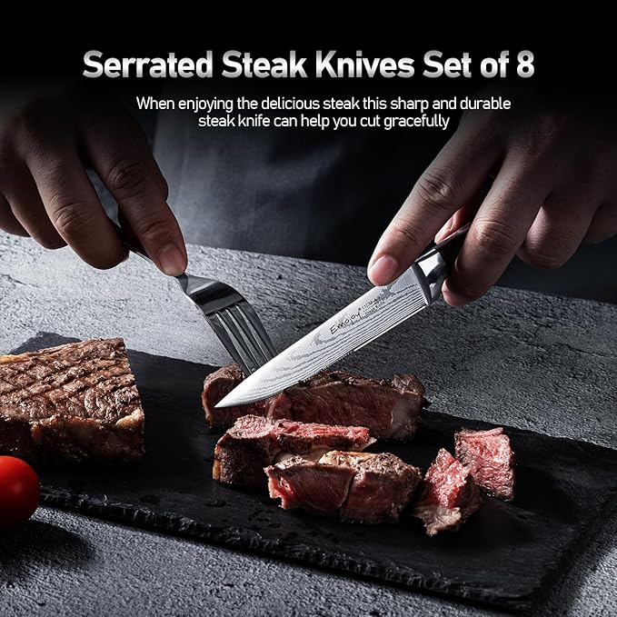 Juego de cuchillos para carne Emojoy 8 piezas de acero alemán con caja de madera - Imagen 4